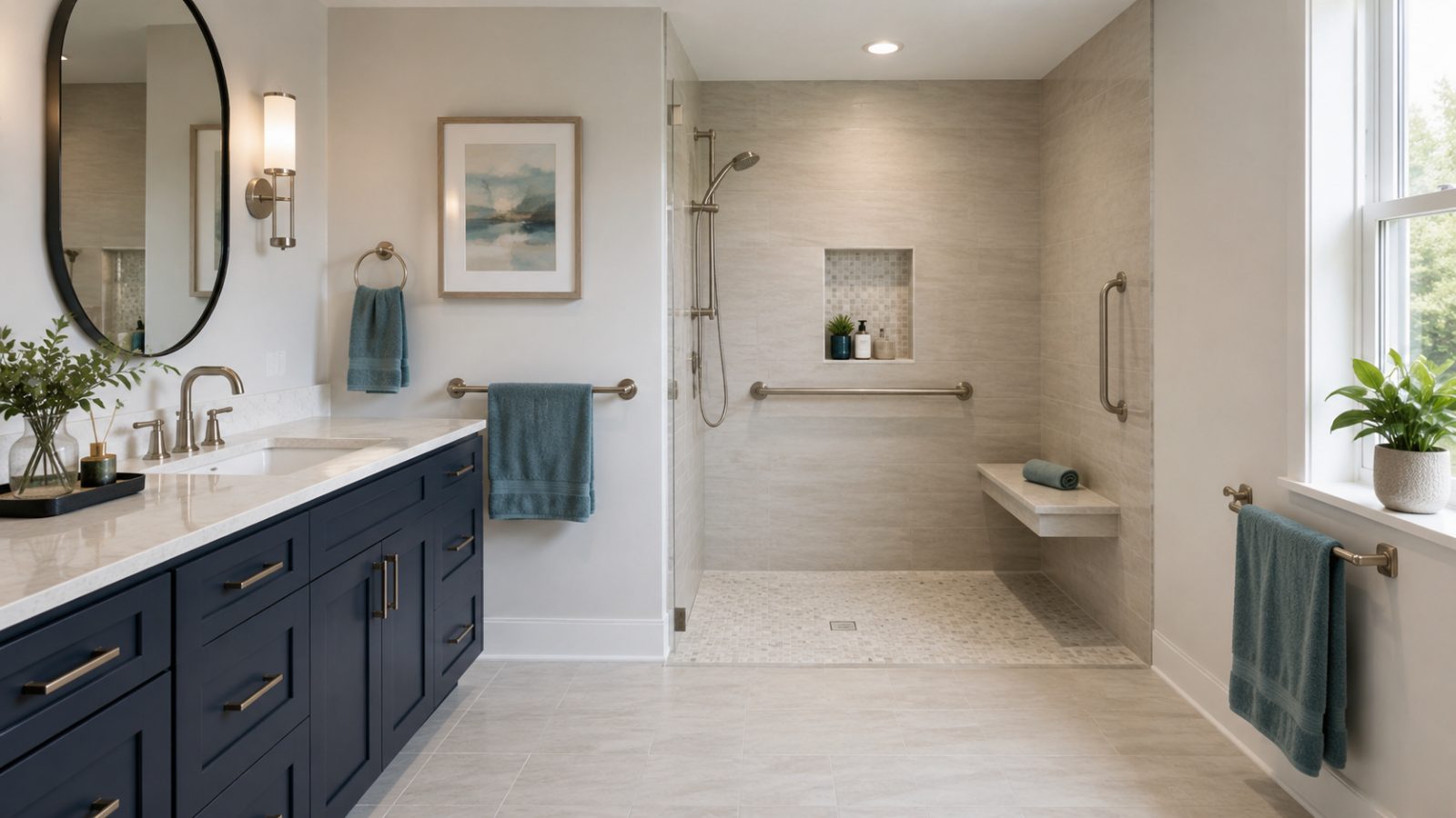Accessible bathroom with a low-threshold shower, grab bars, handheld fixture and a built-in bench